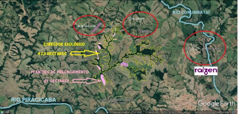 Diagrama sobre vista aérea indicando áreas que serão restauradas pelo projeto Escola Viveiro Multiplicadora Artesã